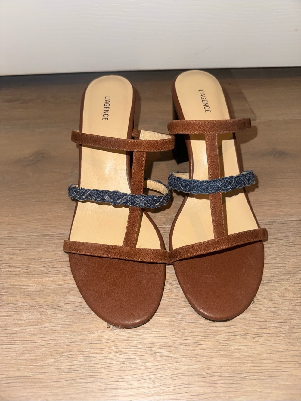 L'AGENCE Brown Leather & Blue-Braided Strap Women's Block Heel Sandals
